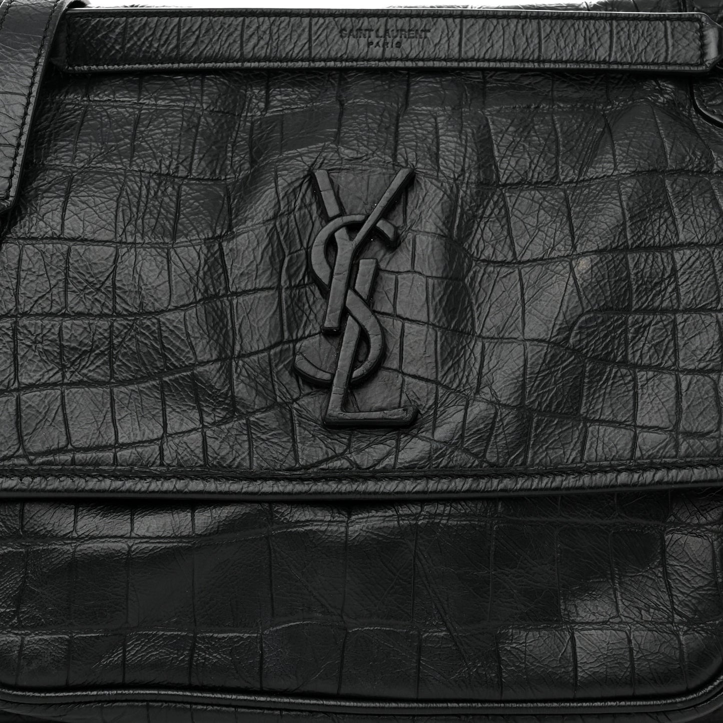 Crocodile Embossed Lambskin Monogram Medium Niki Chain Satchel Black