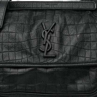 Saint Laurent Crocodile Embossed Lambskin Monogram Medium Niki Chain Satchel Black 8 of 11