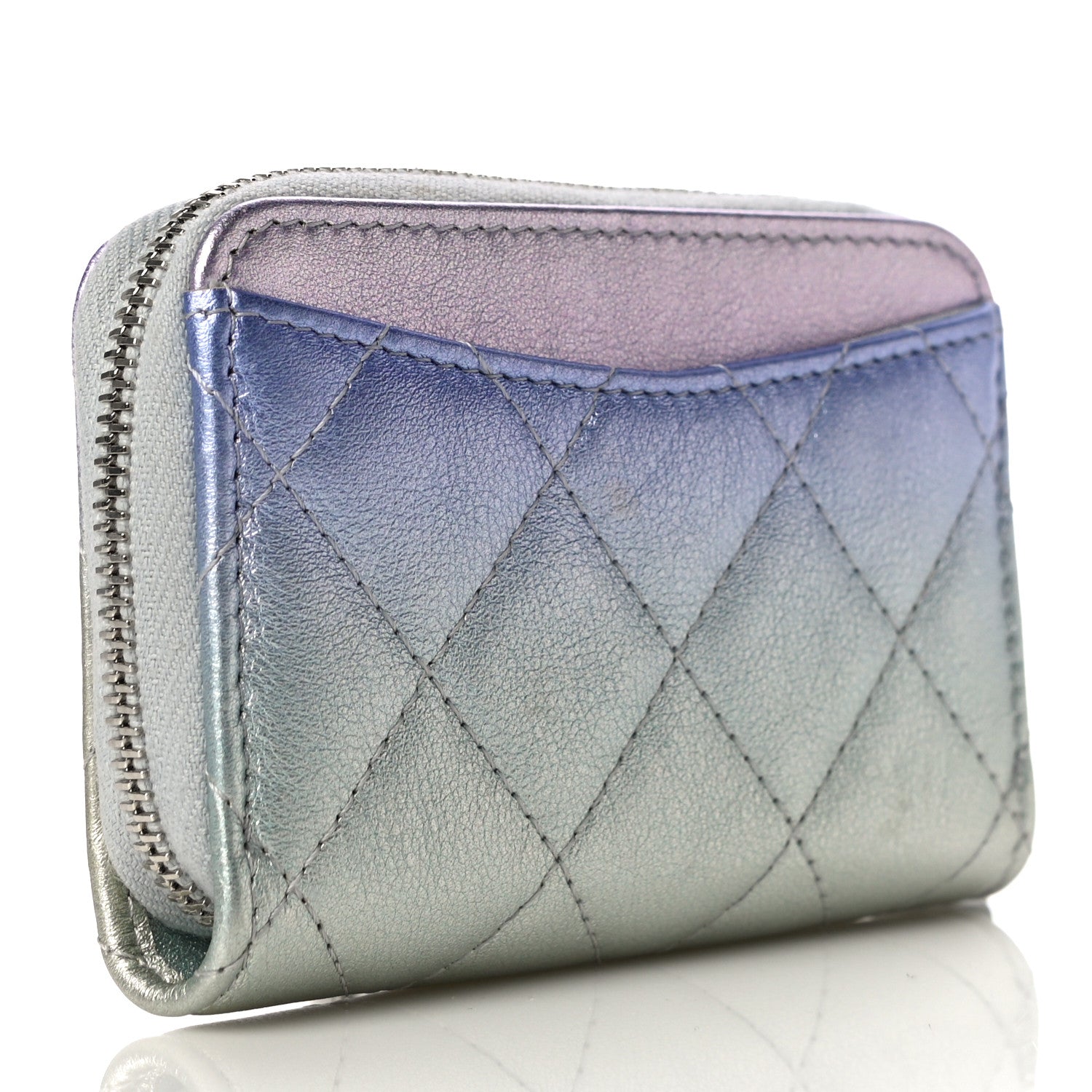 Chanel Gradient Metallic Calfskin Quilted Zip Around Coin Purse Wallet Silver Blue Yellow Purple 3 of 11