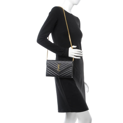 Saint Laurent Grain De Poudre Matelasse Chevron Monogram Chain Wallet Black 2 of 6