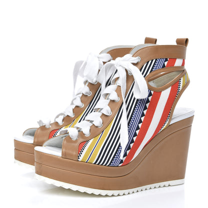 Hermes Calfskin Toile Lace Up Wedge Sandals 38 3 of 9