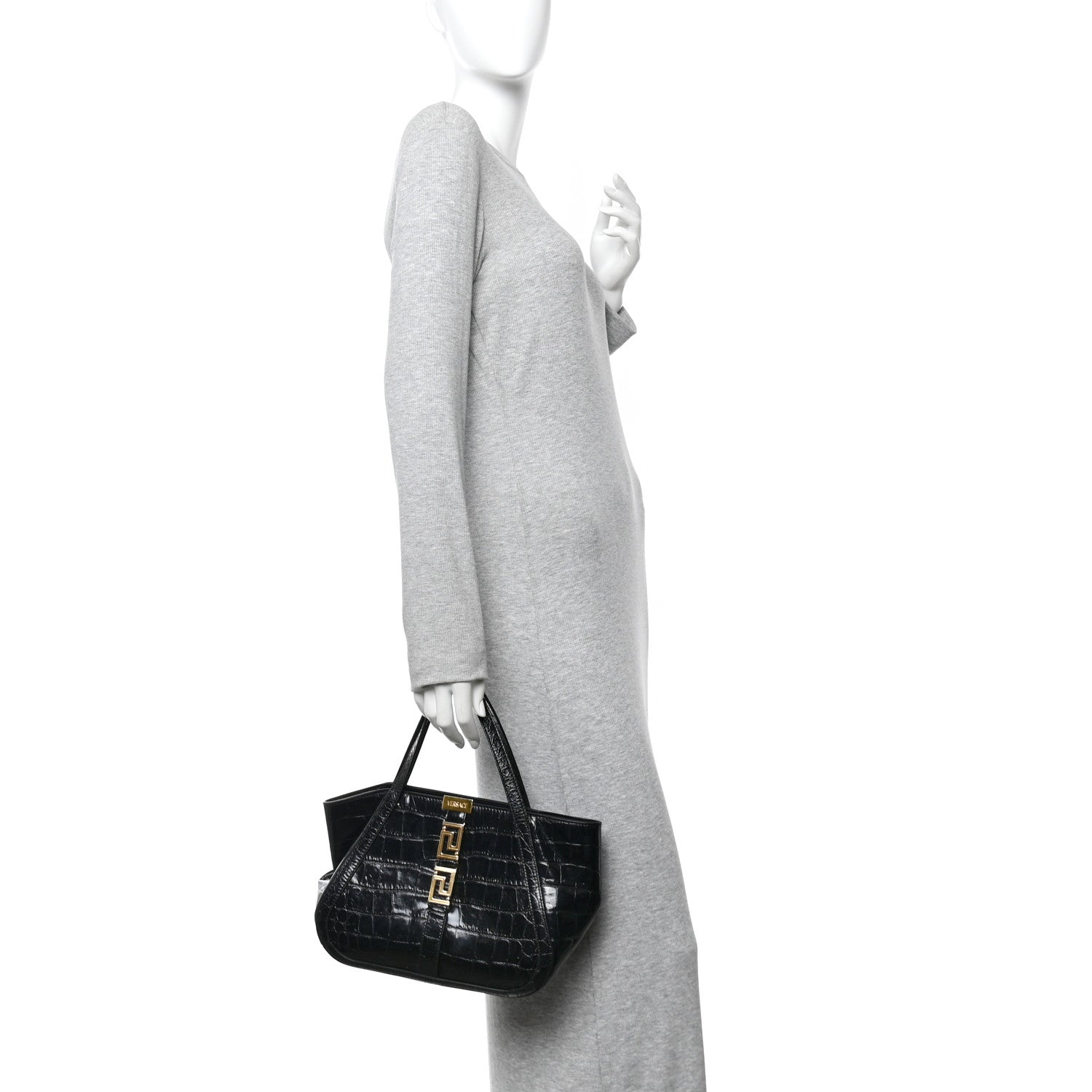Versace Calfskin Crocodile Embossed Small Greca Goddess Shoulder Bag 2 of 9