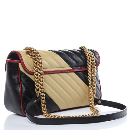 Gucci Vintage Effect Calfskin Matelasse Diagonal Striped Small Torchon GG Marmont Shoulder Bag Black Beige 3 of 9