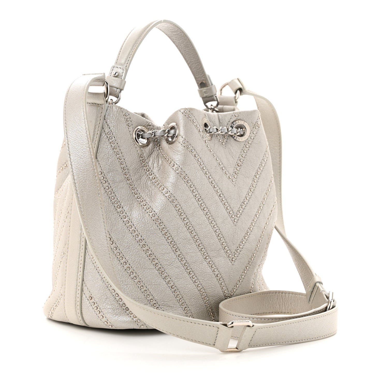 Metallic Calfskin Studded Chevron Quilted Small Stud Wars Drawstring Bag Silver