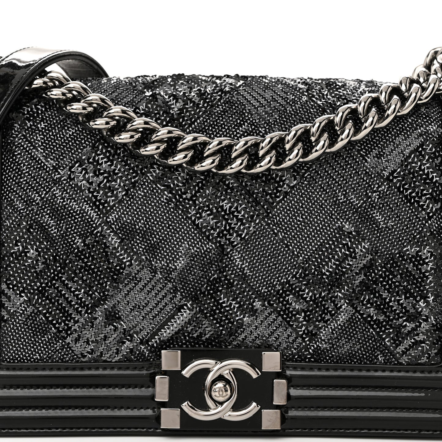 Patent Iridescent Calfskin Sequin Medium Boy Flap Bag Black