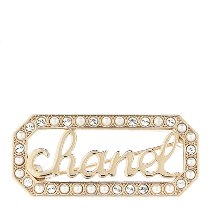 Chanel Crystal Pearl Logo Brooch Gold White 1 of 5