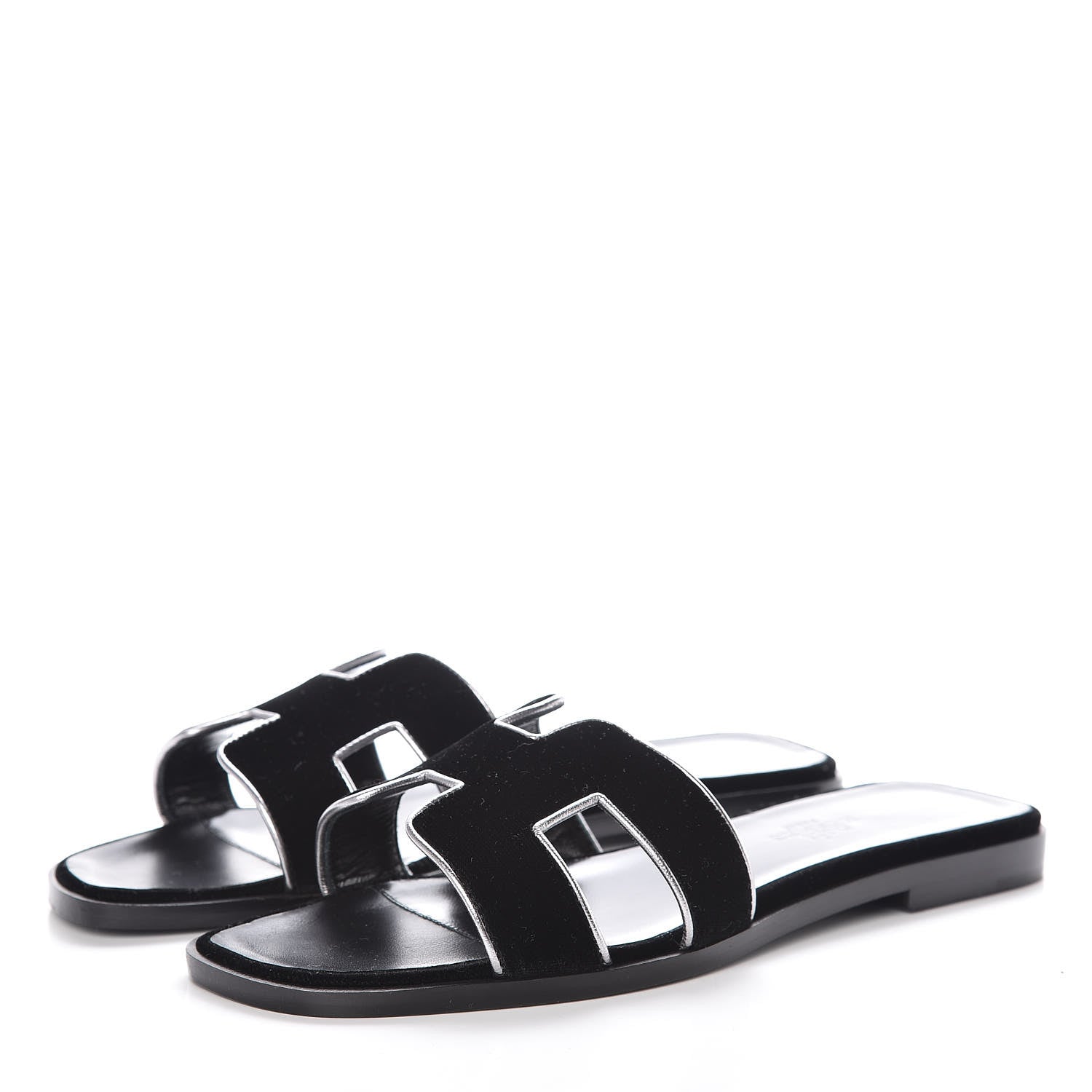 Hermes Velvet Nappa Oran Sandals 36 Black Argent Vieilli 3 of 7