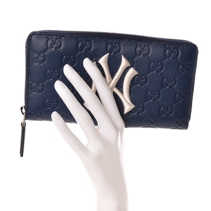 Gucci X MLB Guccissima Signature NY Yankees Embroidered Zip Around Wallet Royale Ivory 2 of 9
