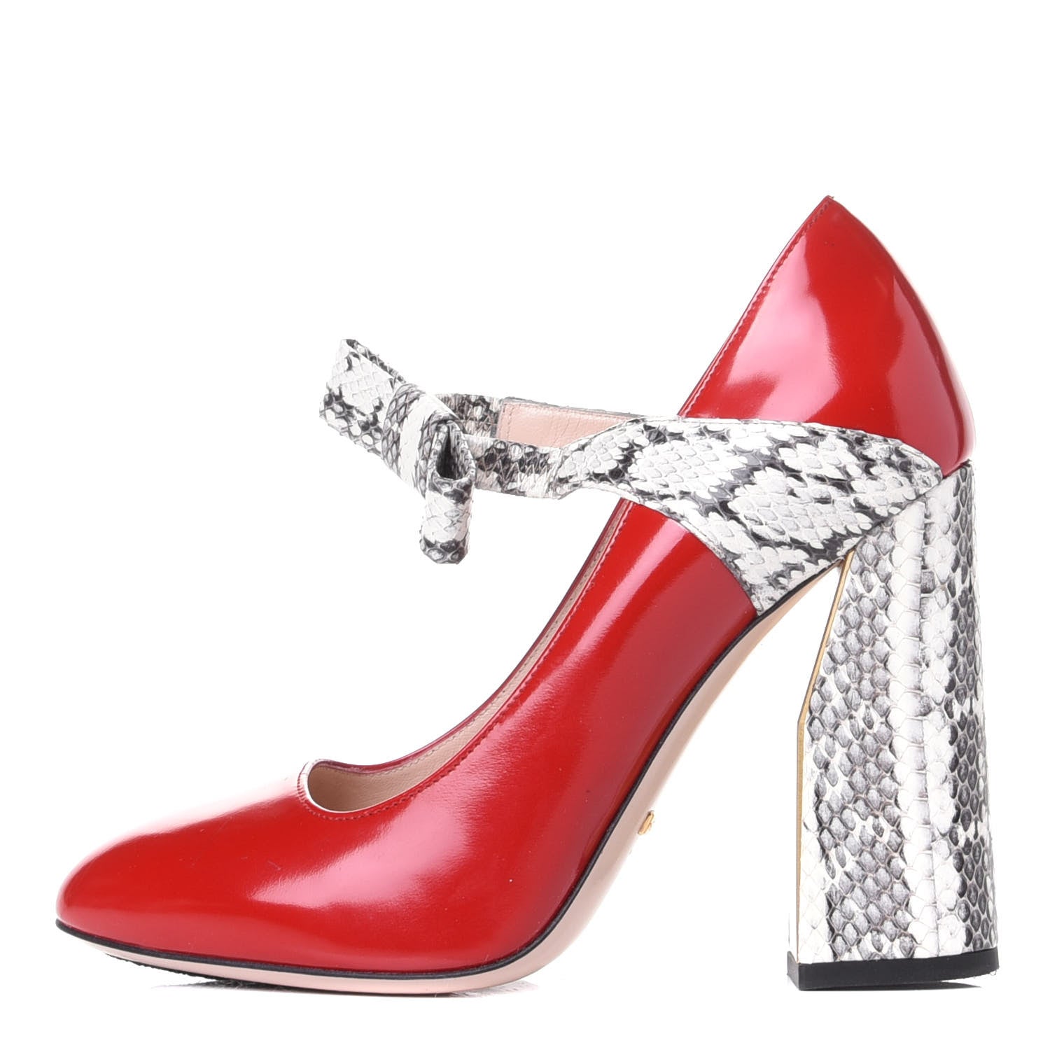 Gucci Polished Calfskin Elaphe Nimue Bow Mary Jane Pumps 38 Hibiscus Red Roccia 1 of 9