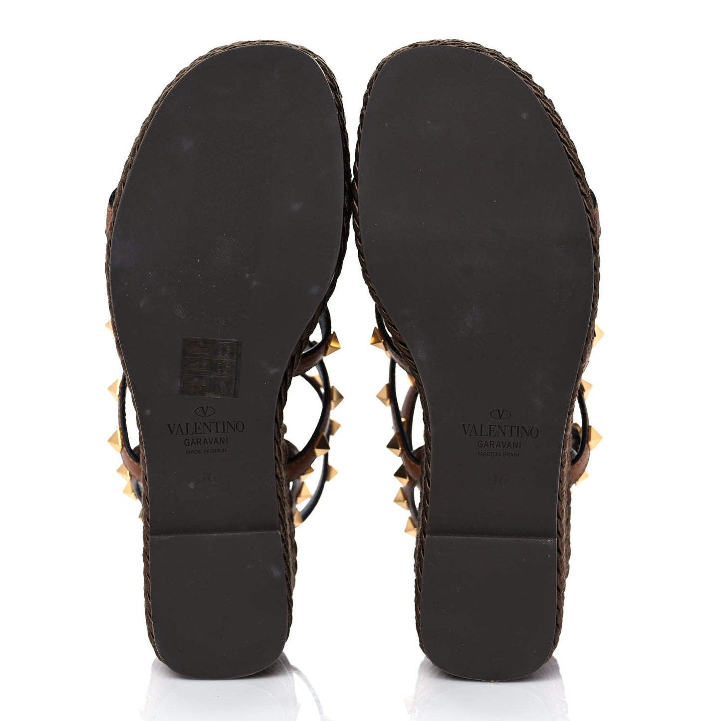 Calfskin Rockstud Ankle Strap Torchon Espadrille Caged 25/95mm Wedge Sandals 36 Cuoio