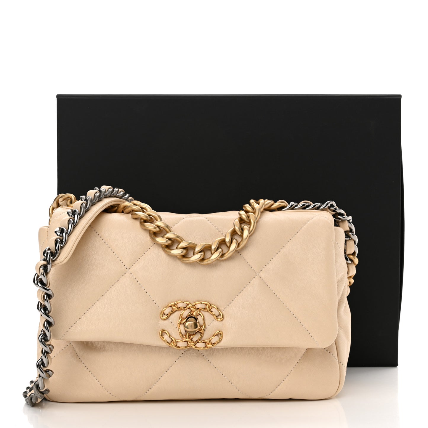 Goatskin Quilted Medium Chanel 19 Flap Beige