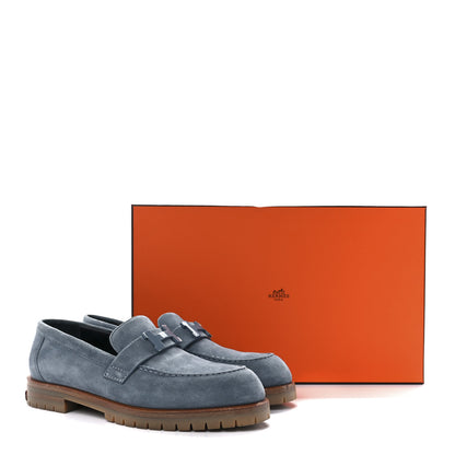 Hermes Suede Goatskin Womens Faubourg Loafers 37 Bleu Pinede 9 of 9
