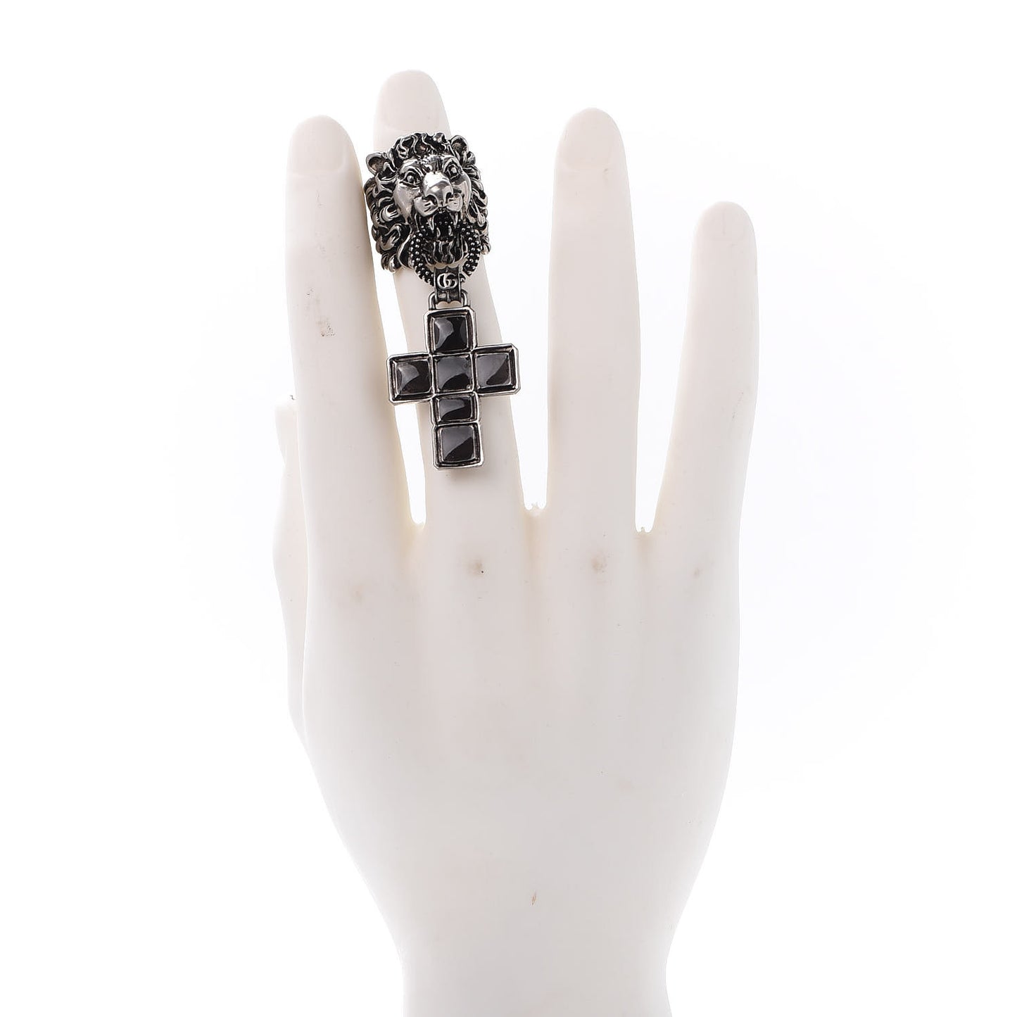 Enamel Brass Lion Head Crucifix Ring M Black