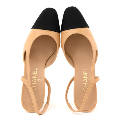 Chanel Goatskin Grosgrain Cap Toe CC Slingback Pumps 36.5 Beige Black 2 of 13