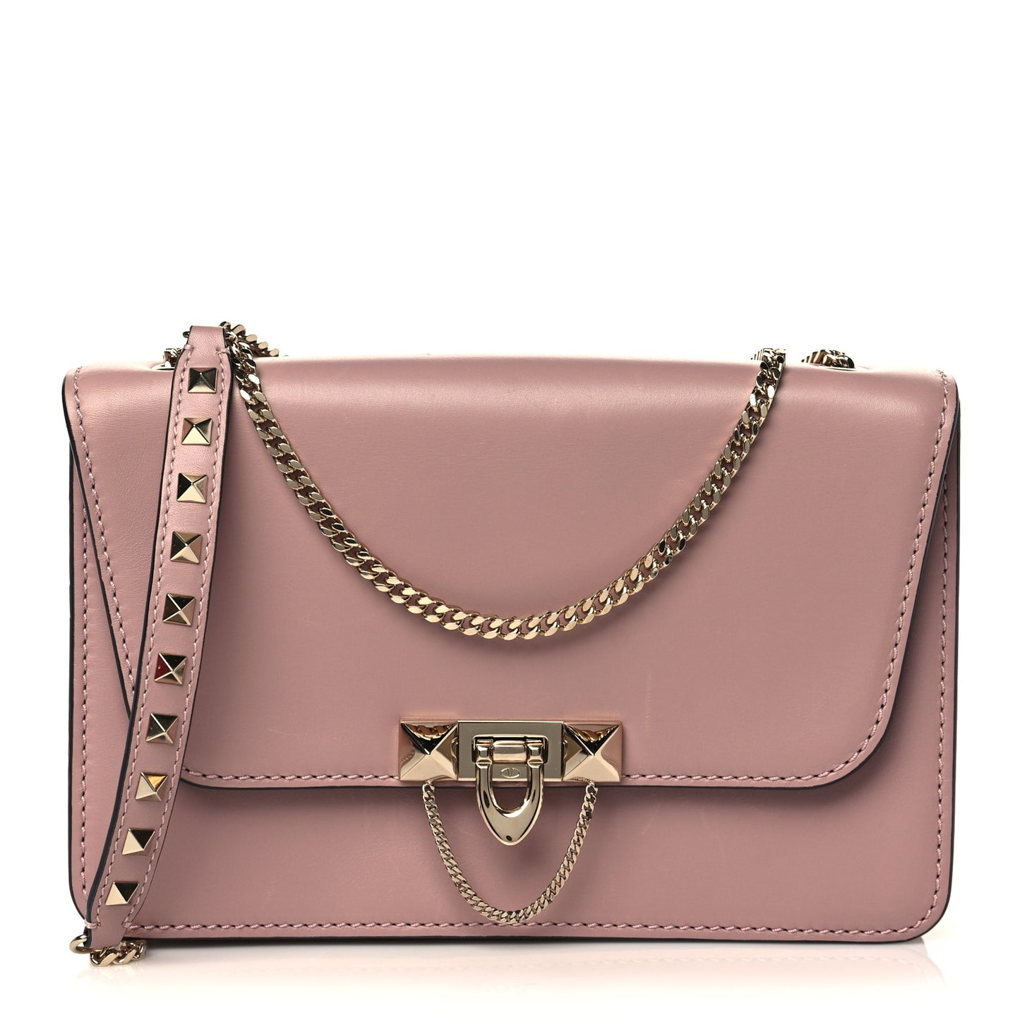 Vitello Groumette Small Rockstud Demilune Shoulder Bag Lipstick