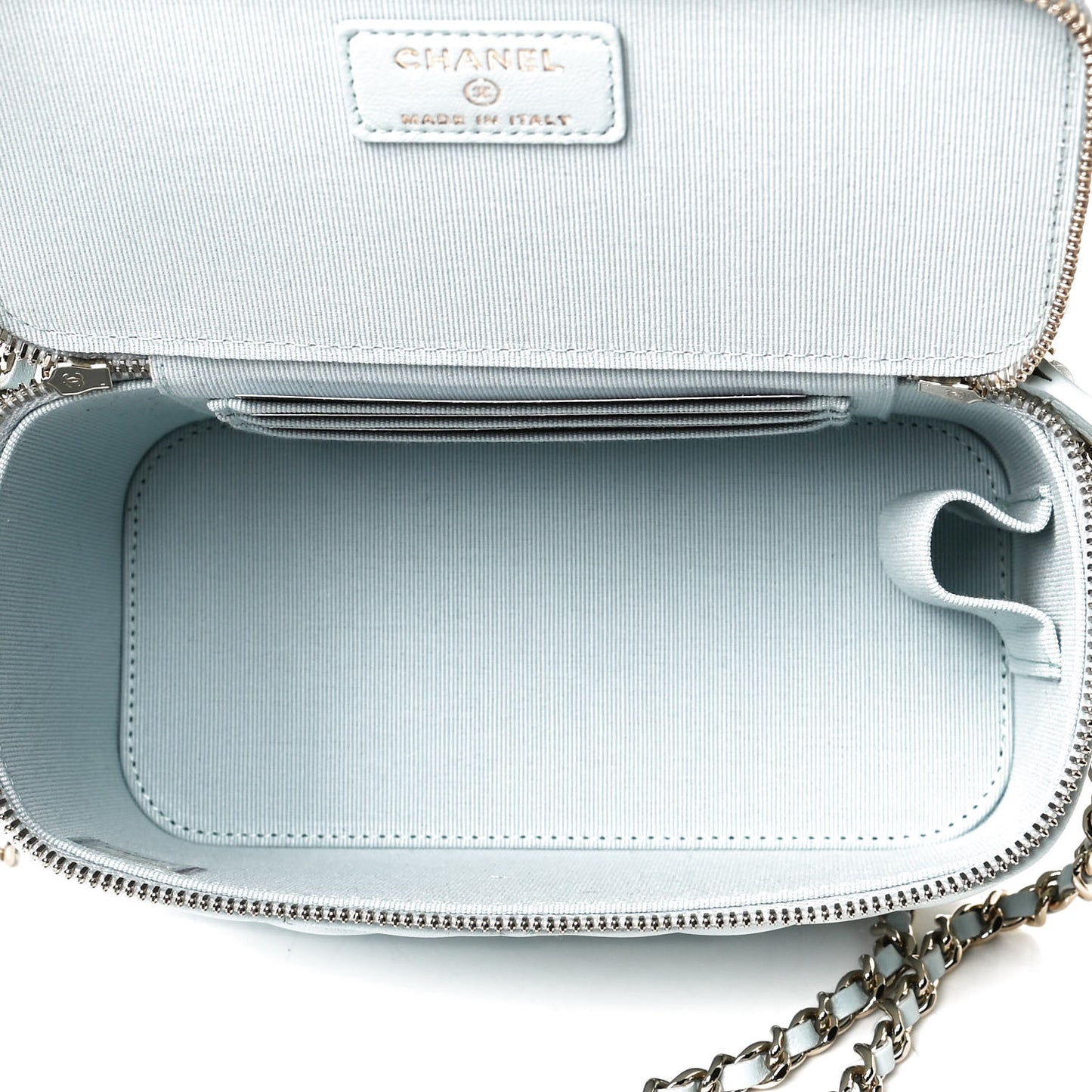 Lambskin Quilted Small Top Handle Vanity Case With Chain Light Blue