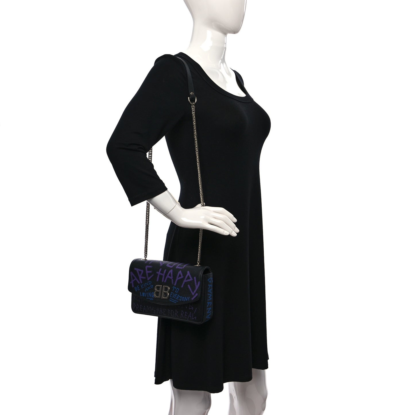 Grained Calfskin Graffiti BB Chain Wallet Black Bleu Violet