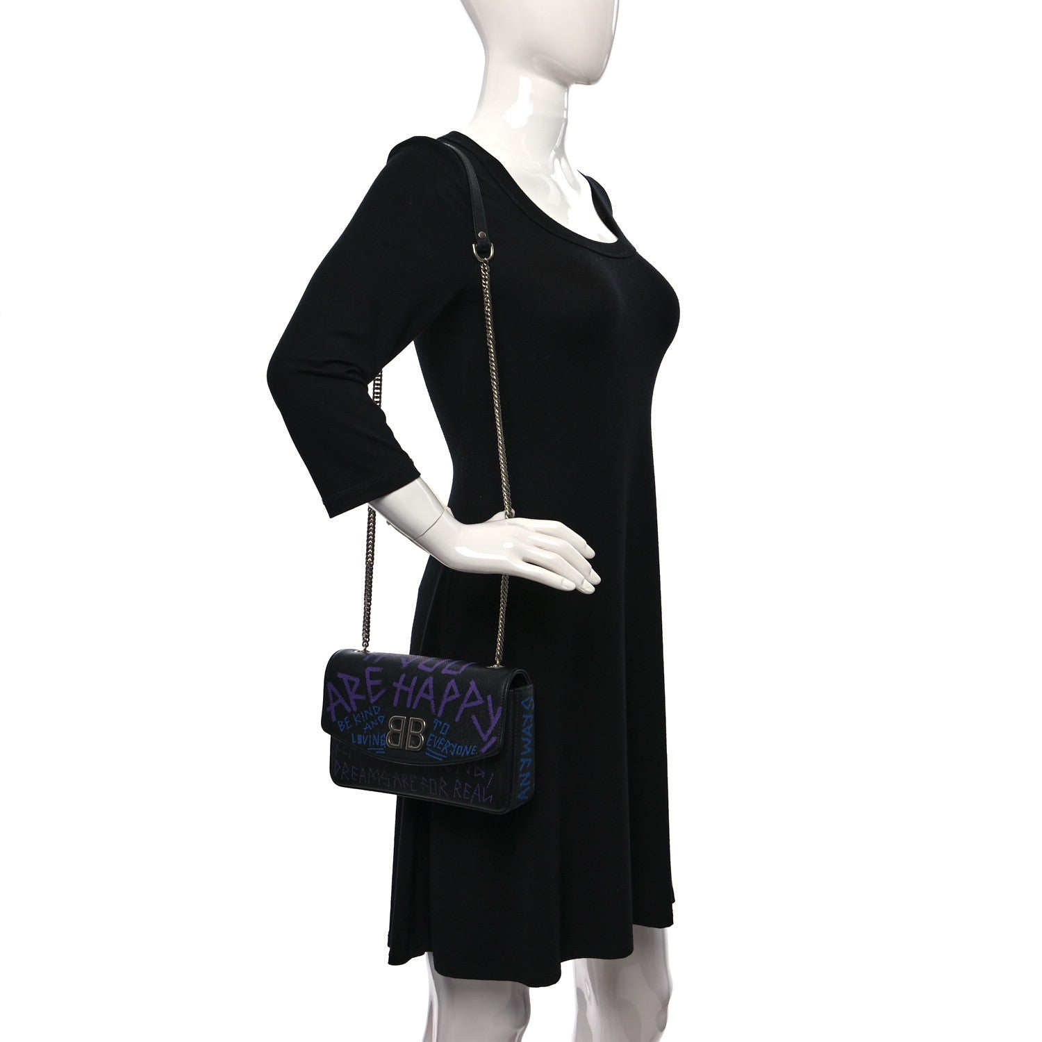 Balenciaga Grained Calfskin Graffiti BB Chain Wallet Black Bleu Violet 2 of 11