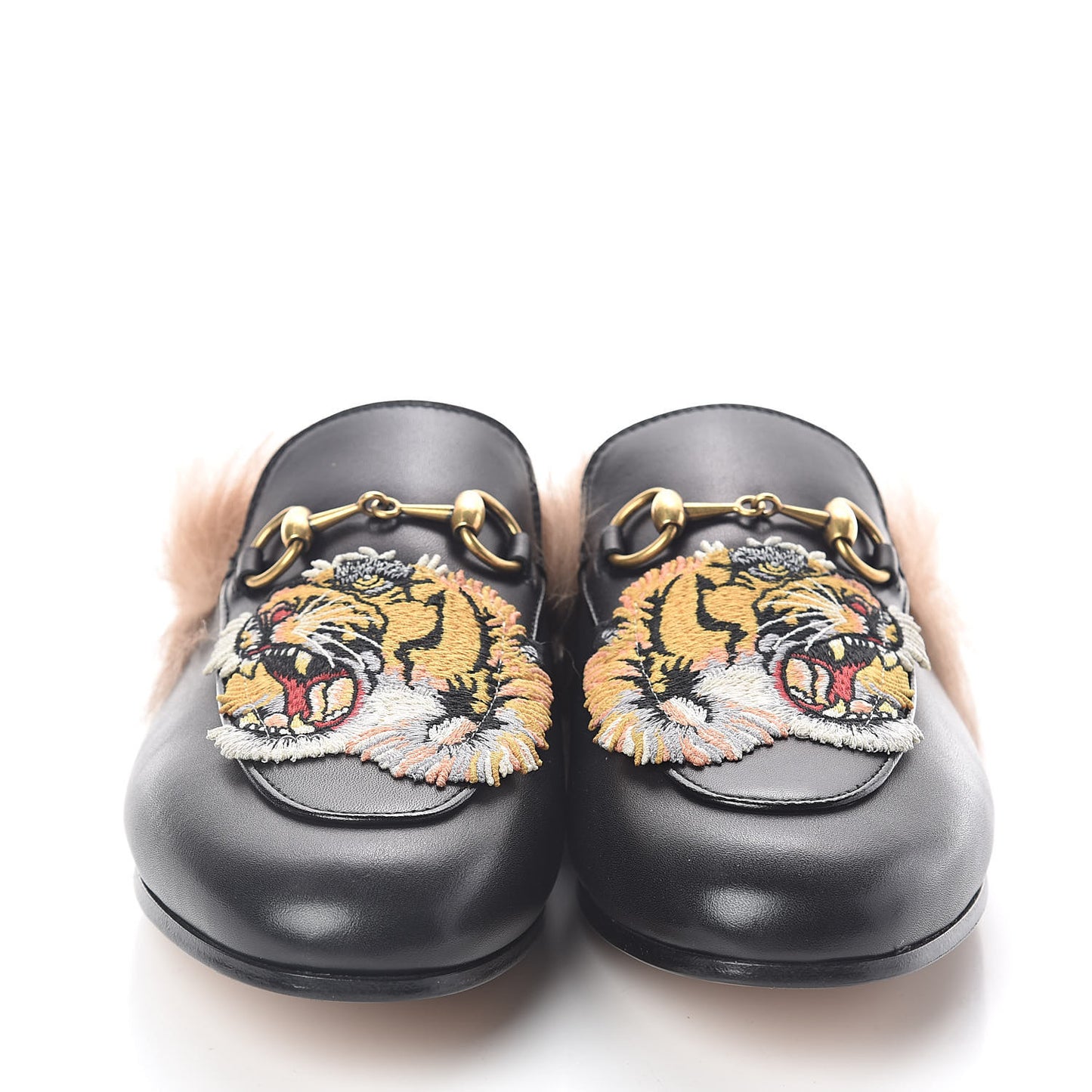 Calfskin Lambswool Tiger Embroidered Womens Princetown Slippers 36.5 Black