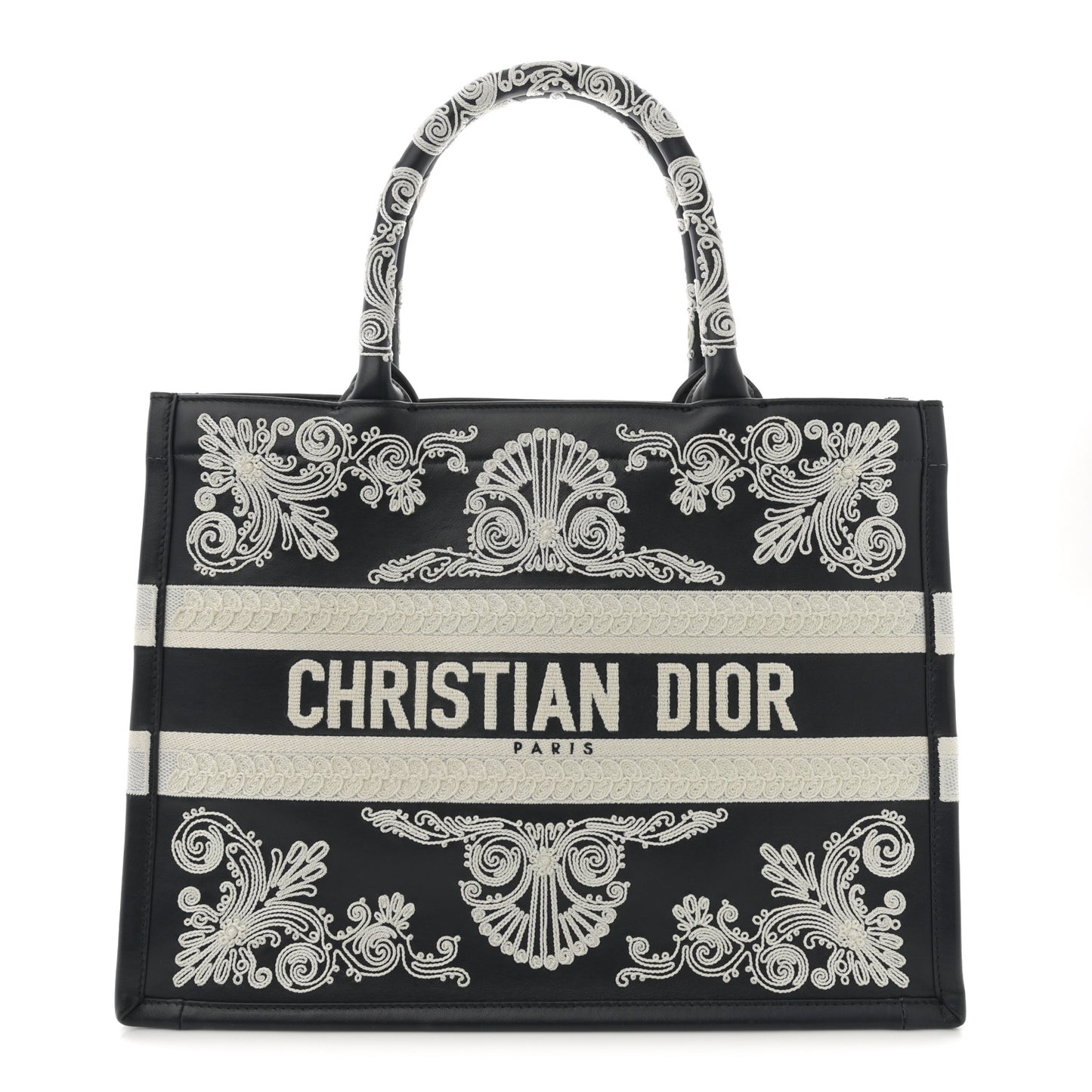 Calfskin Cornely-Effect Embroidery Medium Book Tote Black White