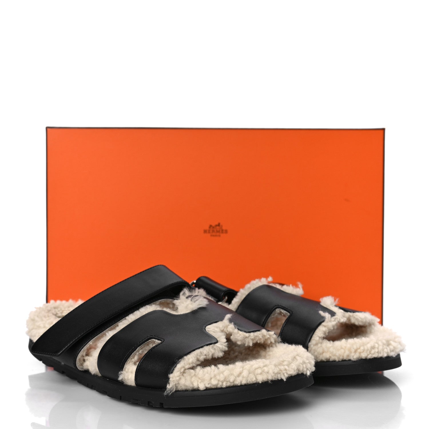 Hermes Calfskin Woolskin Mens Chypre Sandals 42 Black Ecru 9 of 9
