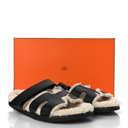 Hermes Calfskin Woolskin Mens Chypre Sandals 42 Black Ecru 9 of 9