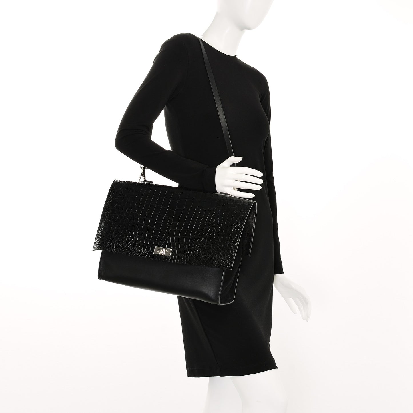 Calfskin Crocodile Embossed Large Shark Lock Satchel Black