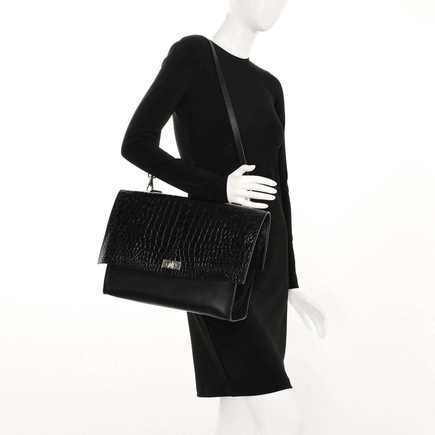 Givenchy Calfskin Crocodile Embossed Large Shark Lock Satchel Black 2 of 7