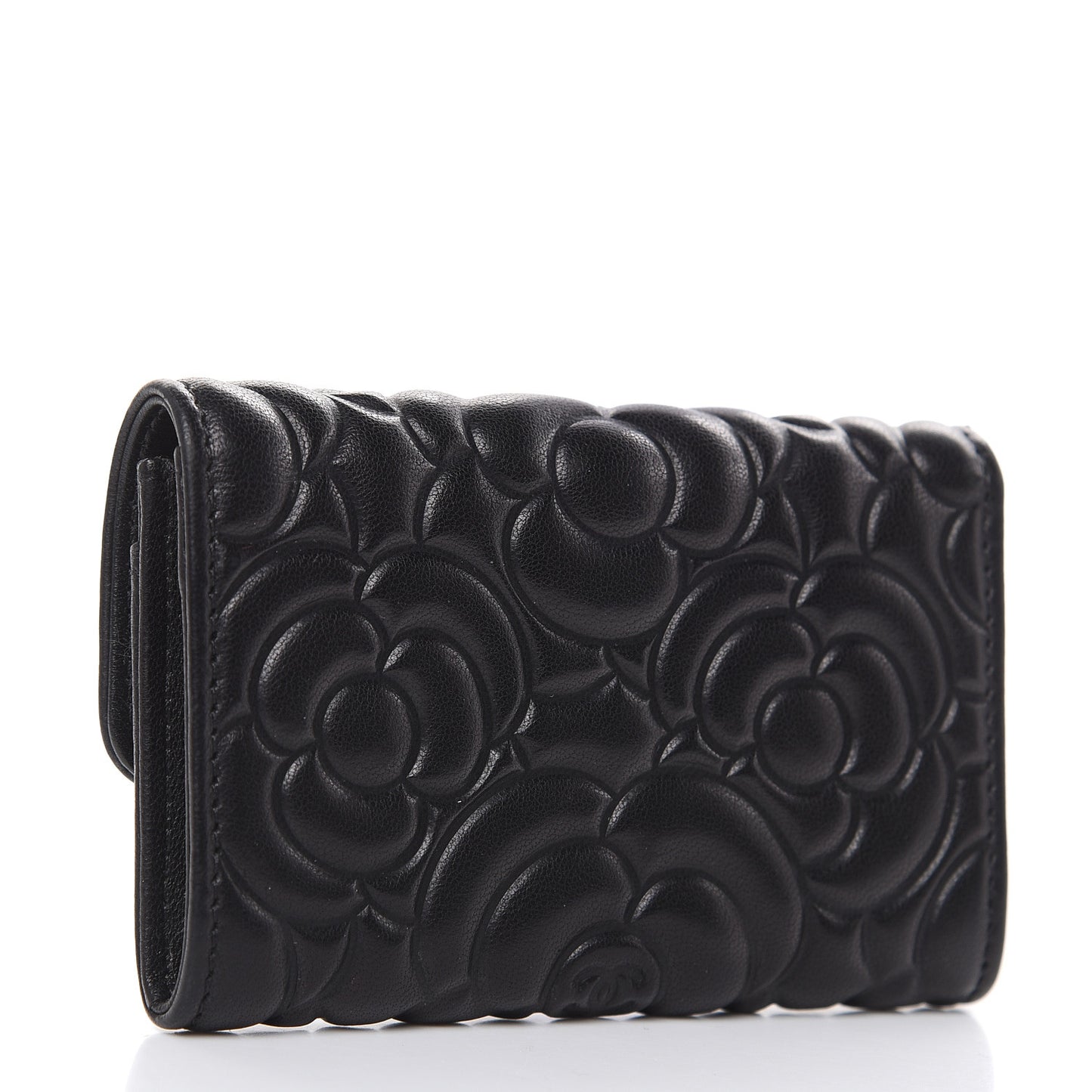 Goatskin Camellia Embossed Flap Card Holder Wallet Black