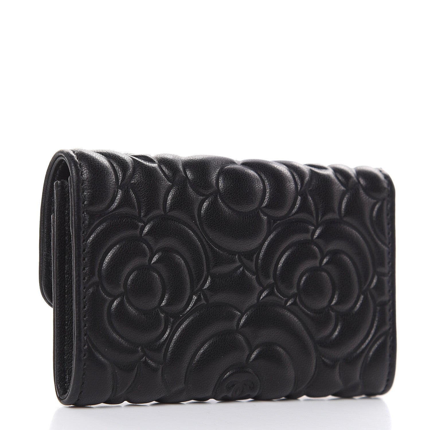 Chanel Goatskin Camellia Embossed Flap Card Holder Wallet Black 3 of 12