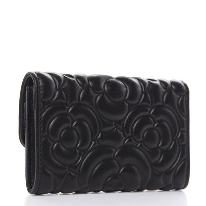 Chanel Goatskin Camellia Embossed Flap Card Holder Wallet Black 3 of 12