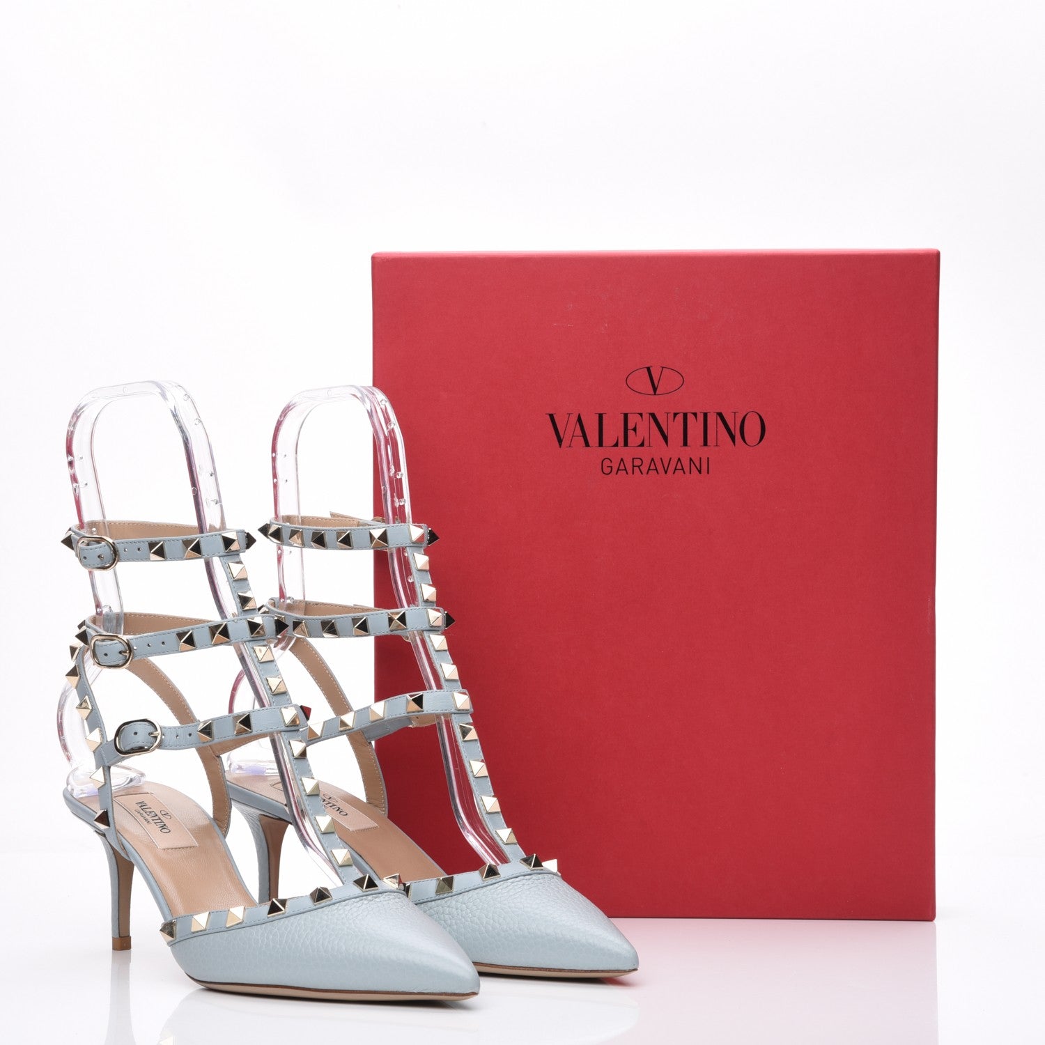 Valentino Garavani Pebbled Calfskin Rockstud Ankle Strap 65mm Pumps 38 Sky Sorbet 10 of 10