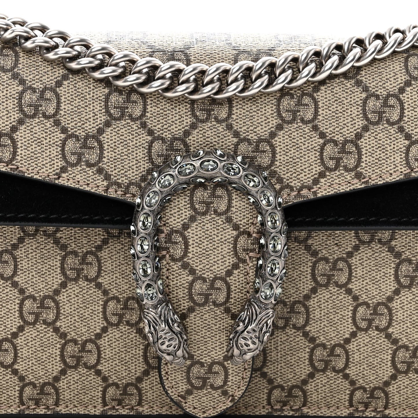 GG Supreme Monogram Suede Crystal Small Dionysus Shoulder Bag Beige Ebony Black