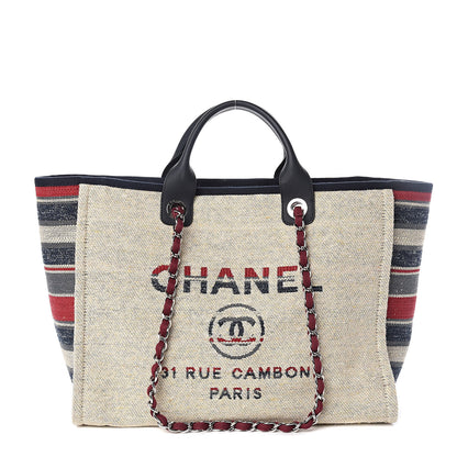 Chanel Striped Canvas Medium Deauville Tote Beige 1 of 12