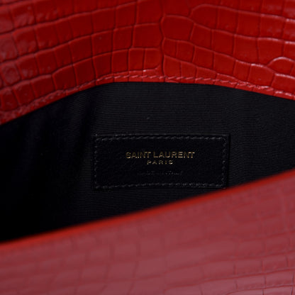 Saint Laurent Calfskin Crocodile Embossed Uptown Monogram Clutch Rouge Eros 8 of 9