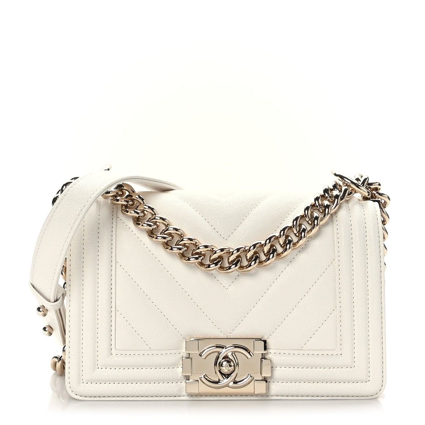 Caviar Chevron Quilted Small Boy Flap White