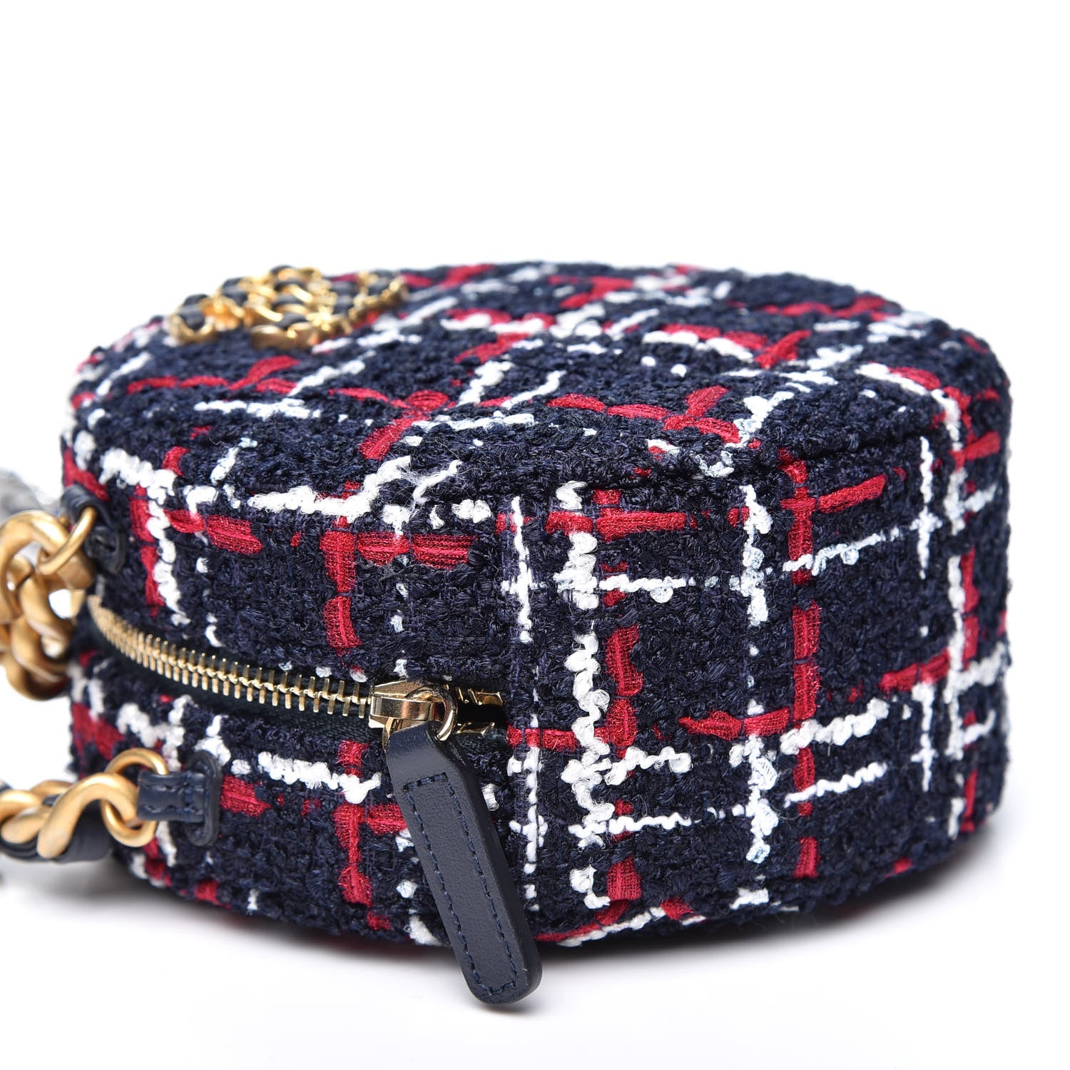 Chanel Tweed Quilted Chanel 19 Round Clutch With Chain Blue White Red 3 of 9