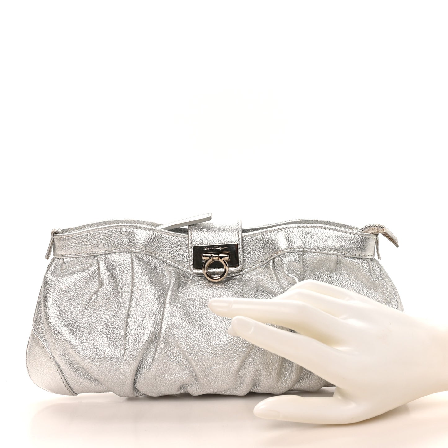 Metallic Calfskin Small Gancini Clutch Silver