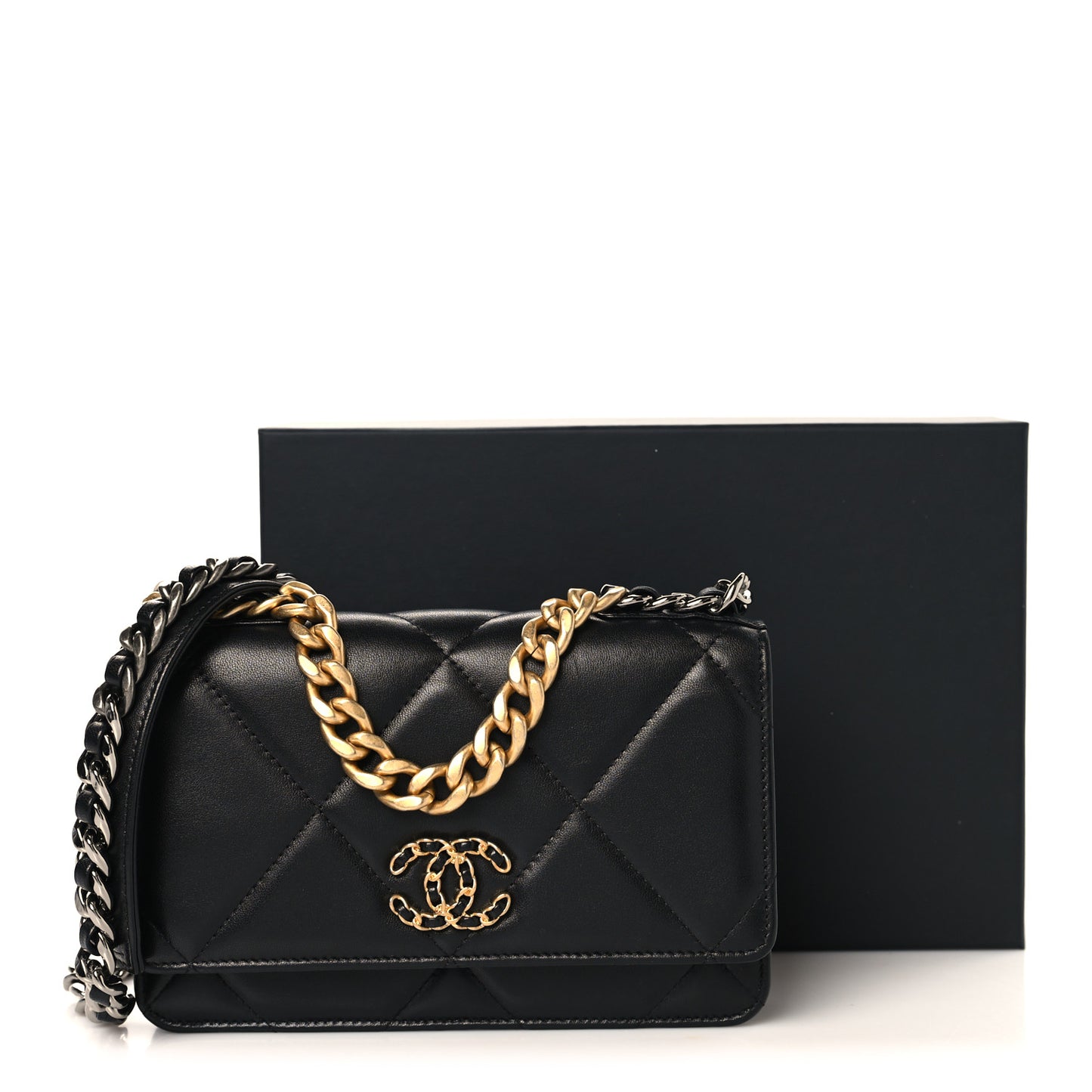 Lambskin Quilted Chanel 19 Wallet On Chain WOC Black
