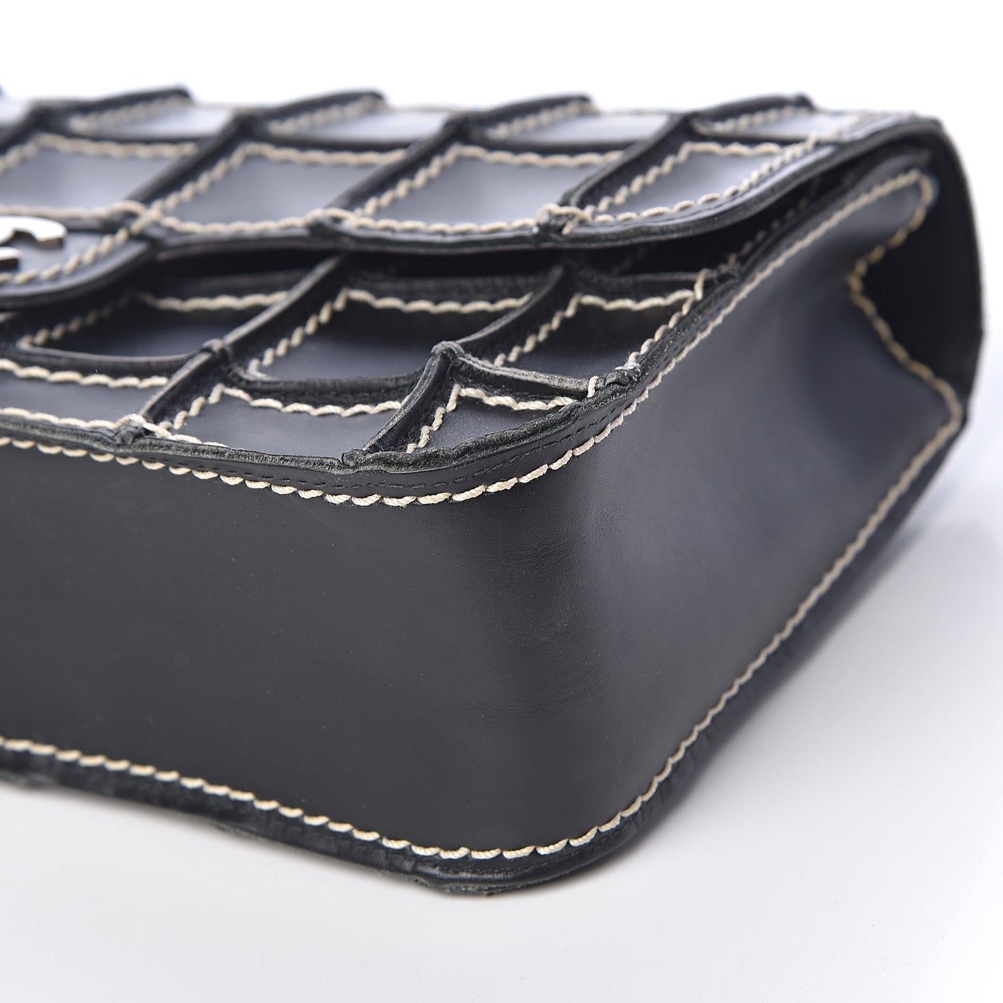 Lambskin Contrast Square Stitch Flap Black
