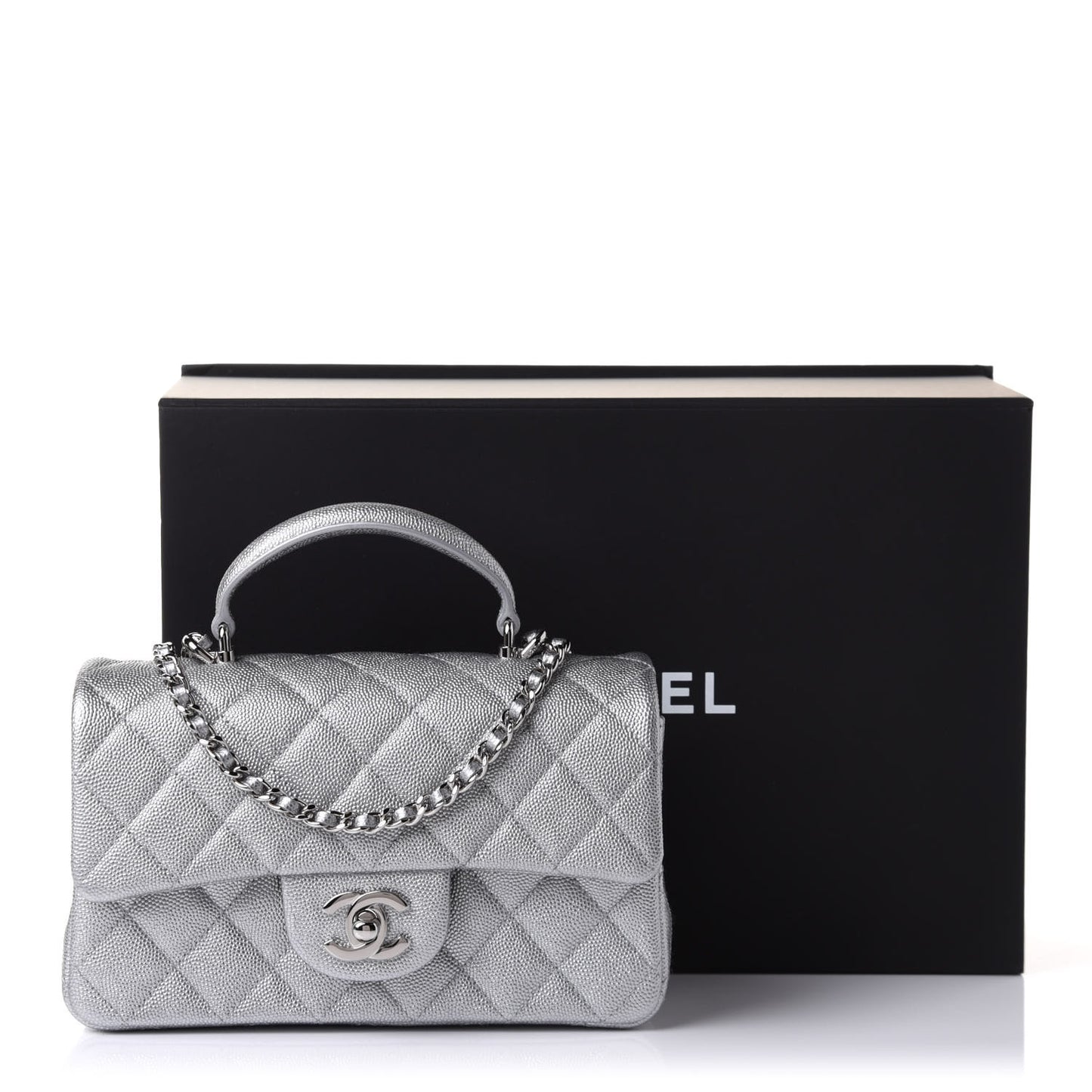 Metallic Caviar Quilted Mini Top Handle Rectangular Flap Silver