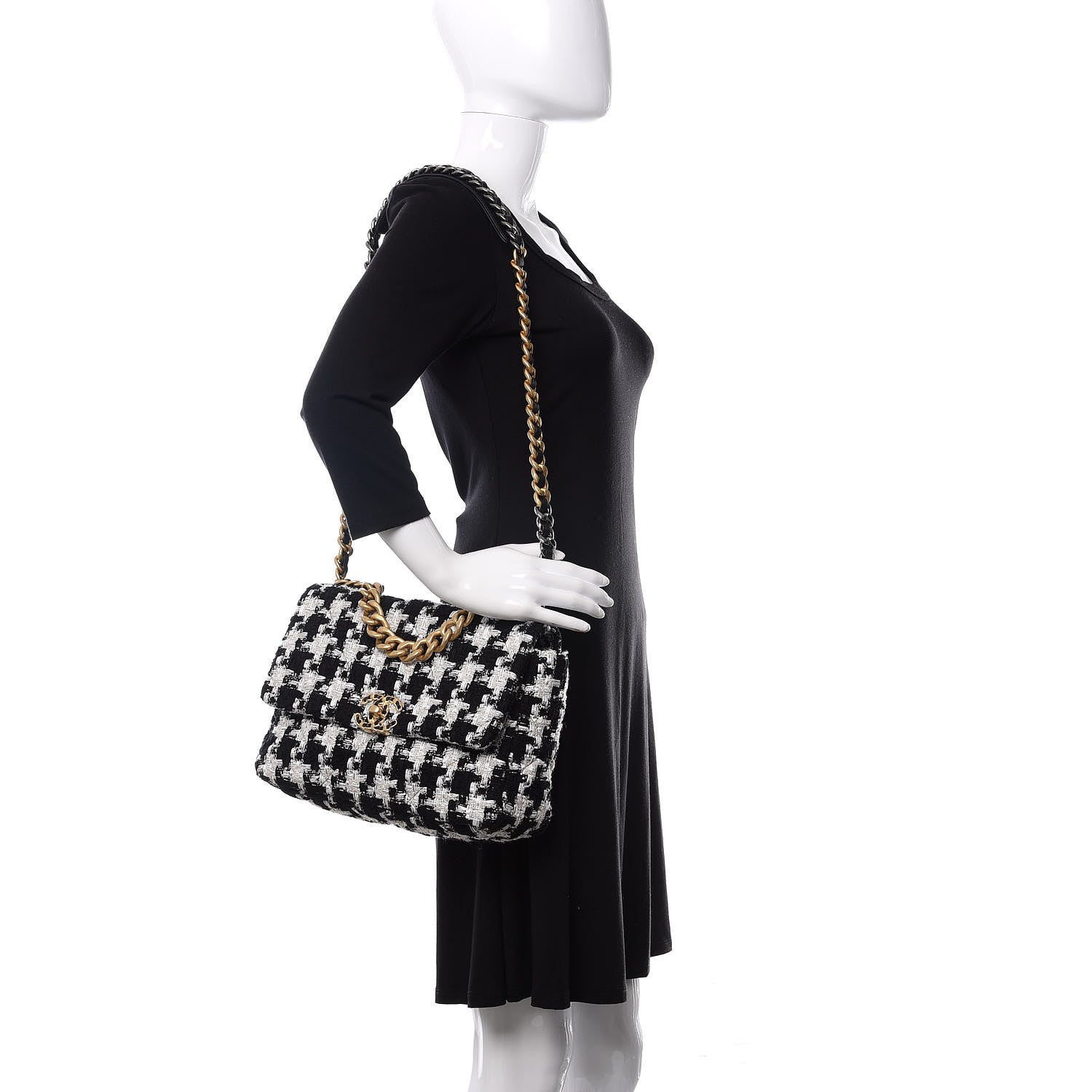 Chanel Tweed Quilted Large Chanel 19 Flap Black Ecru White 2 of 11