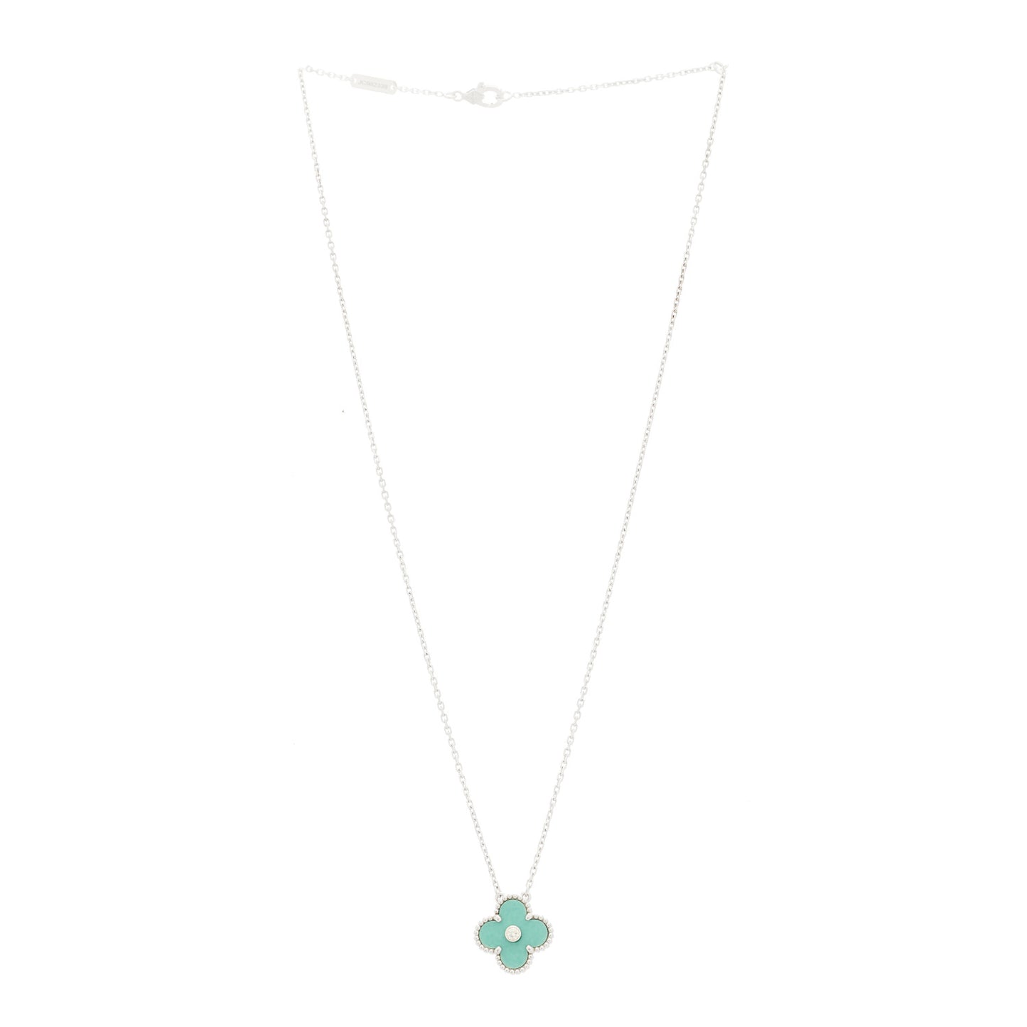 18K White Gold Diamond Celadon Green Sevres Porcelain Vintage Alhambra Pendant Necklace