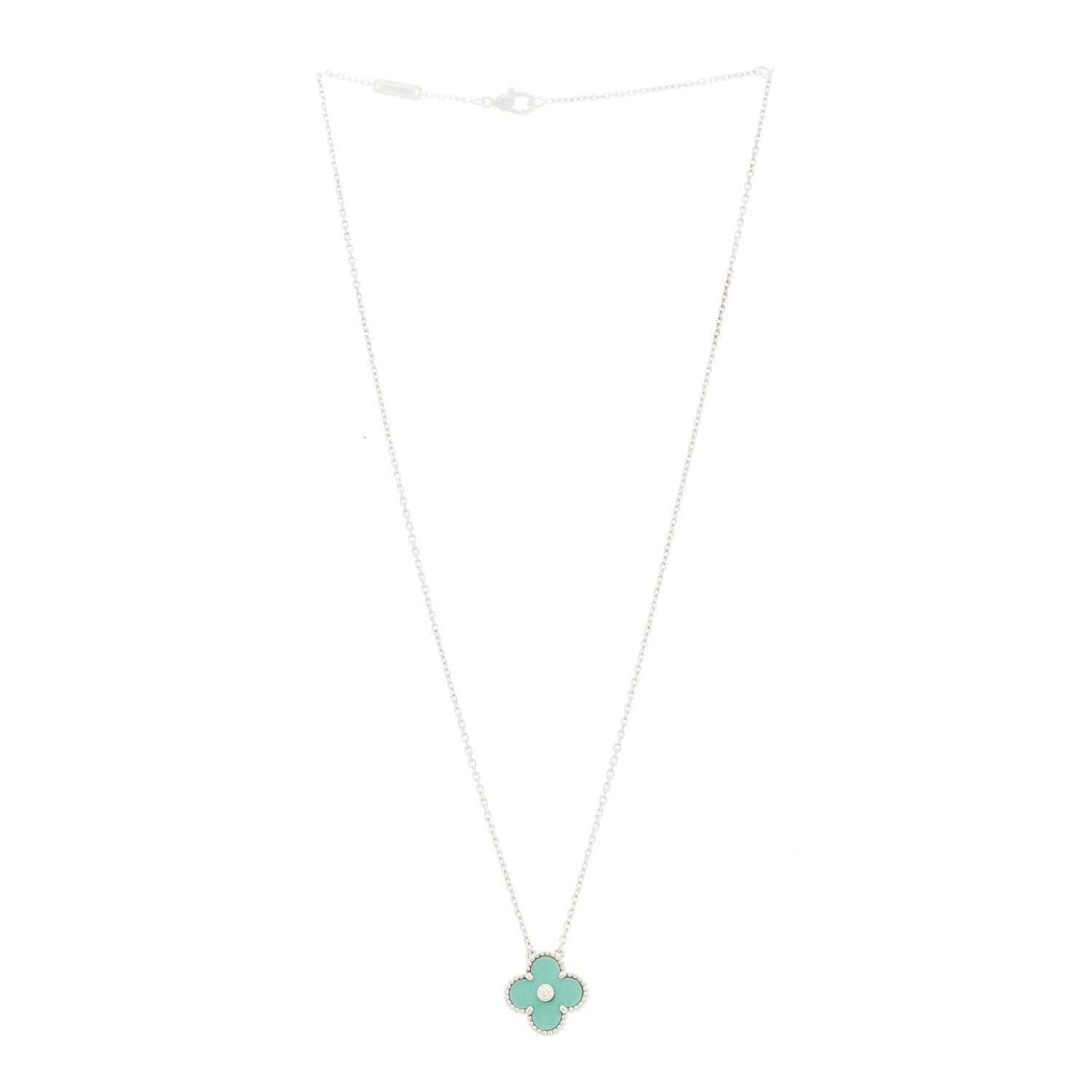 Van Cleef & Arpels 18K White Gold Diamond Celadon Green Sevres Porcelain Vintage Alhambra Pendant Necklace 3 of 6