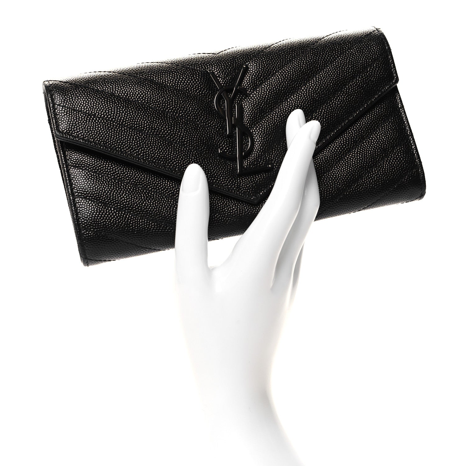 Saint Laurent Grain De Poudre Matelasse Chevron Monogram Flap Wallet Black 2 of 11