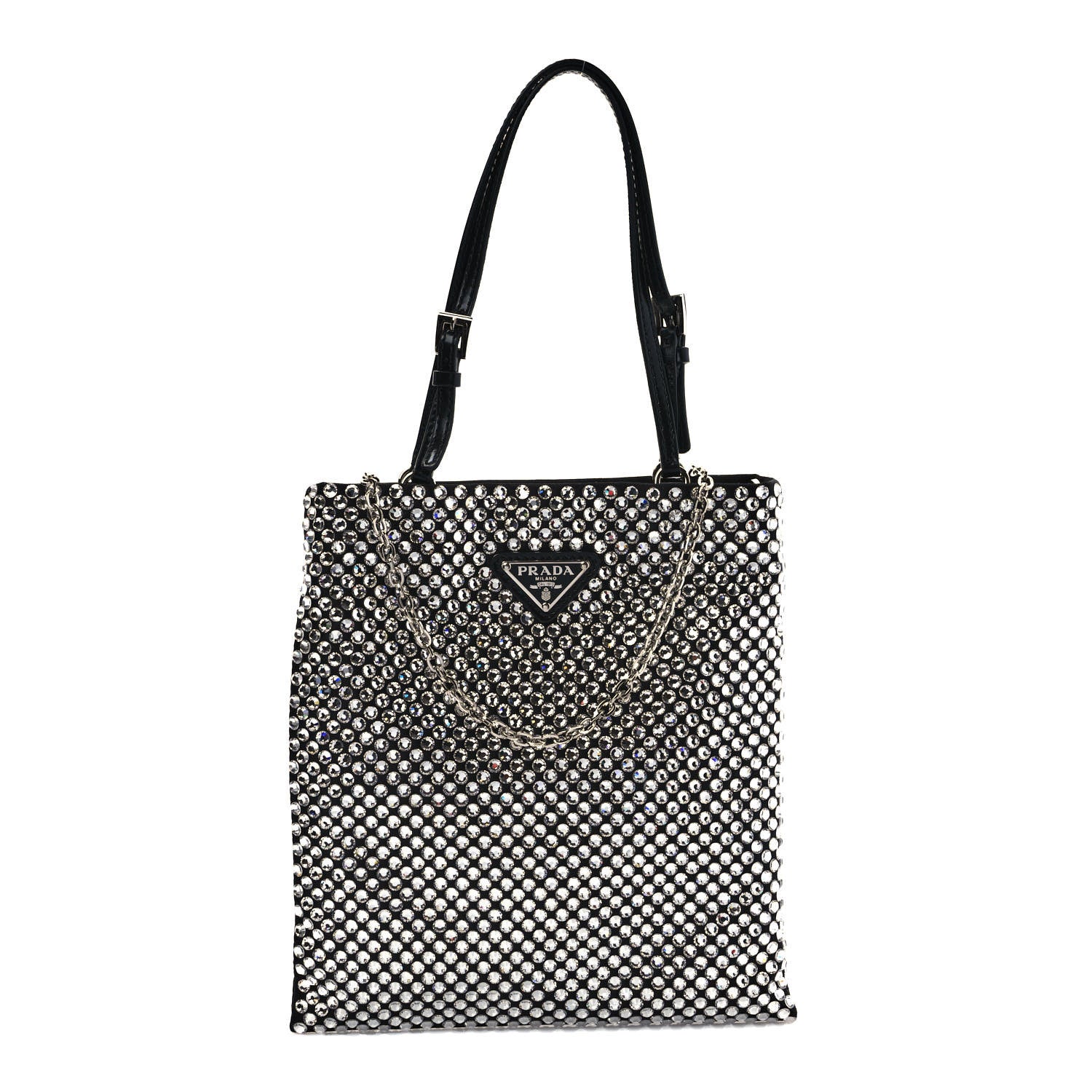 Prada Satin Crystal Metal Triangle Logo Chain Crossbody Handbag Cristal 1 of 9