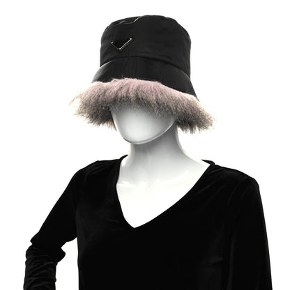 Prada Re-Nylon Faux Fur Metal Triangle Logo Womens Bucket Hat M Black Alabastro 2 of 8