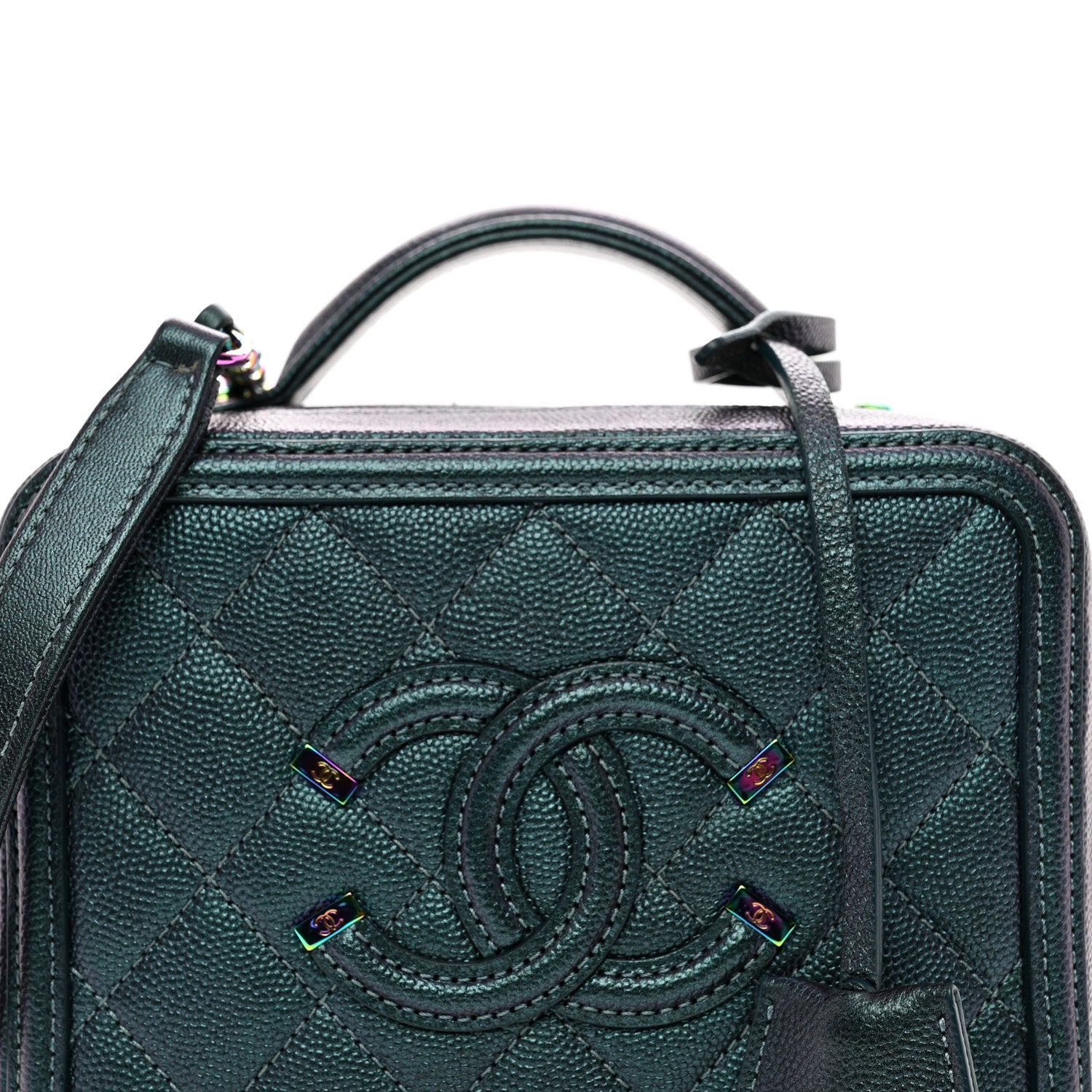Chanel Iridescent Caviar Quilted Small CC Filigree Vanity Case Dark Turquoise 5 of 11