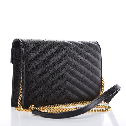 Saint Laurent Grain De Poudre Matelasse Chevron Monogram Envelope Chain Wallet Black 3 of 9
