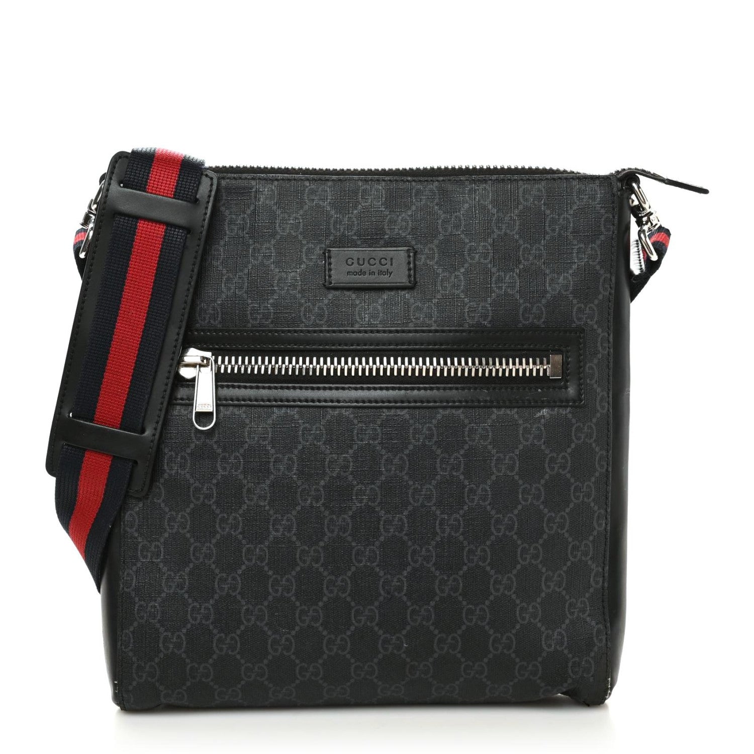 Gucci GG Supreme Monogram Appia Calfskin Web Flat Messenger Bag Black Grey 1 of 11